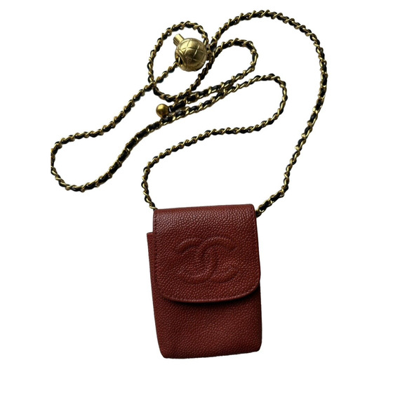 Authentic CHANEL Cigarette Case CC Amber Caviar Skin Leather Chained Hanging Bag - Picture 3 of 13